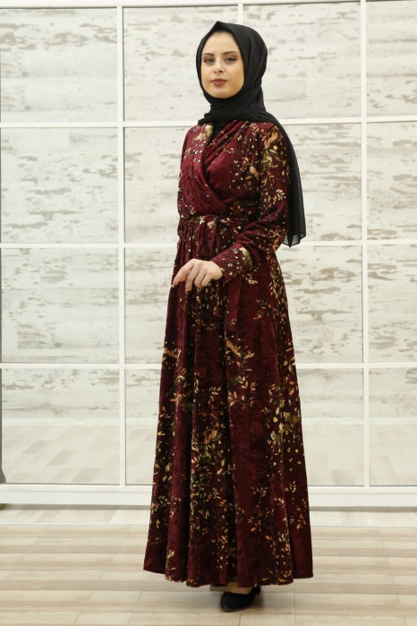 FLOWER PATTERNED CLARET RED DRESS